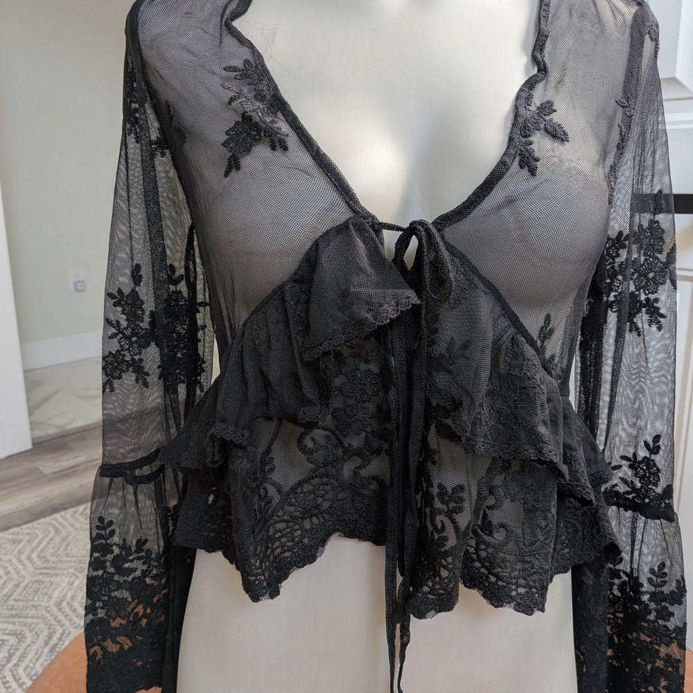 Sheer Black Lace Ruffle Tie-Front Blouse - Feminine Layered Top